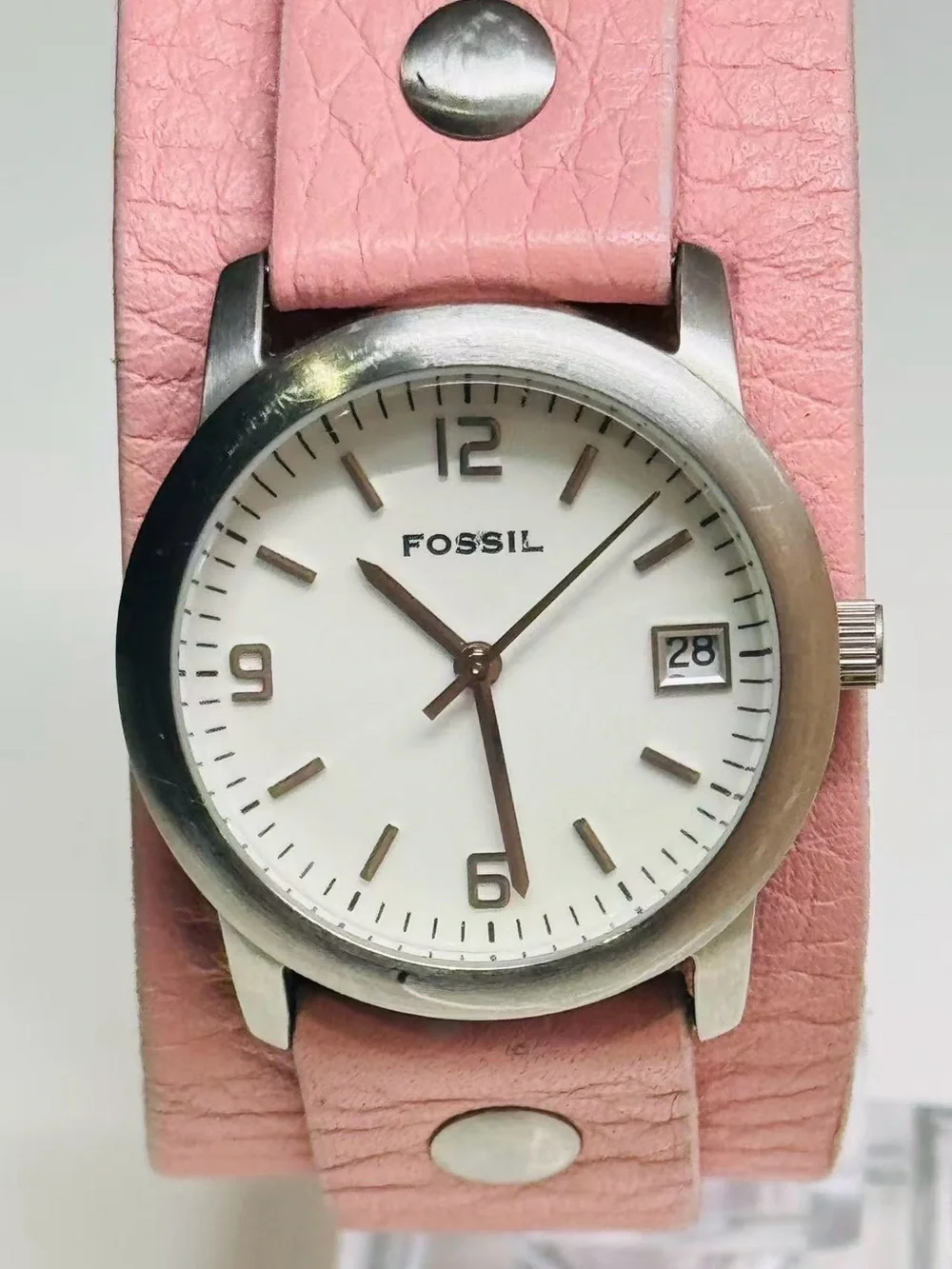 Fossil Women’s Watch Quartz Date Pink Leather Strap 31mm New Battery Runs